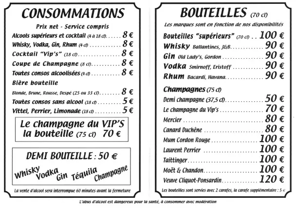 Carte des consommations du VIP’S